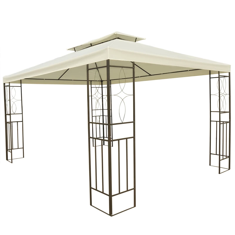 Outsunny Pérgola de Jardim 4x3 m com Telhado Duplo Estrutura de Aço Anti-UV para Exterior Terraço Pátio Branco Creme