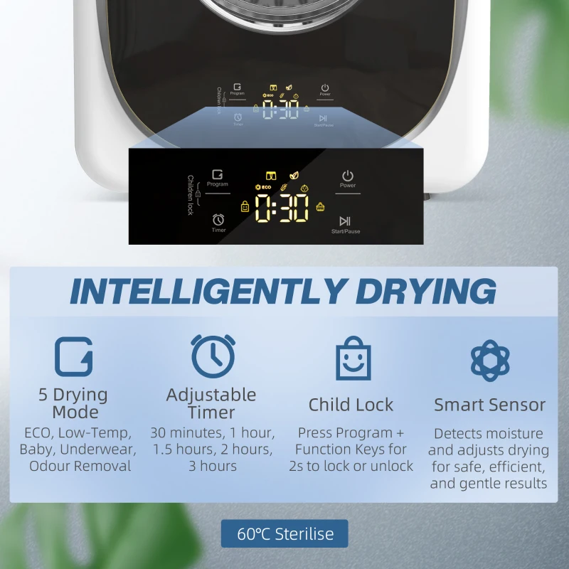 HOMCOM 4 kg suszarka, kompaktowa konstrukcja, 5 trybów, timer, Biały+Czarny