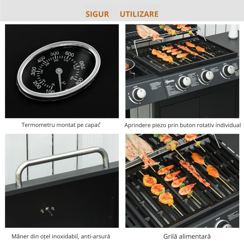 Outsunny Gratar pe gaz cu Capac si Termometru, Raft si 2 Roti, 110x50x100cm Negru
