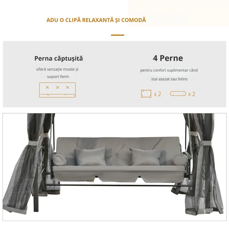 Outsunny Balansoar 3 Locuri si Sezlong cu Copertina tip Foisor cu Plasa Impotriva Tantarilor si Perne(m-4)