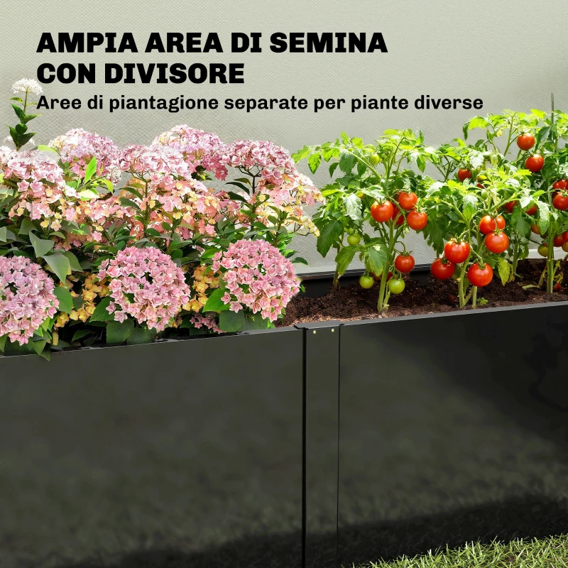 Outsunny Letto Rialzato da Giardino in Acciaio, con Divisore, Angoli Rinforzati e Bordo Sicuro, Fondo Aperto, Nero
