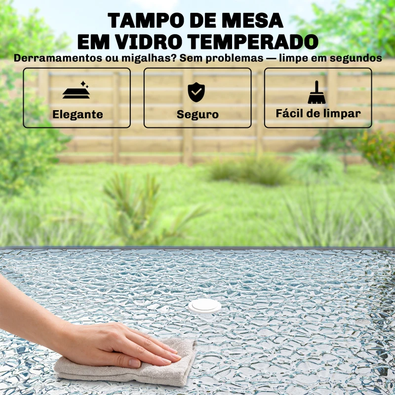 Outsunny Conjunto de Mesa e Cadeiras de Jardim de 8 Peças com Chapéu de Sol 6 Cadeiras Dobráveis e Mesa de Vidro Cinza
