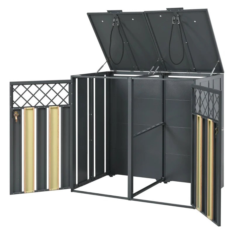 Mülltonnenbox mit hydraulischem Klappdeckel und abschließbarer Front, zwei getrennte Fächer, 132x80x118,5 cm, Grau+Naturfarbe