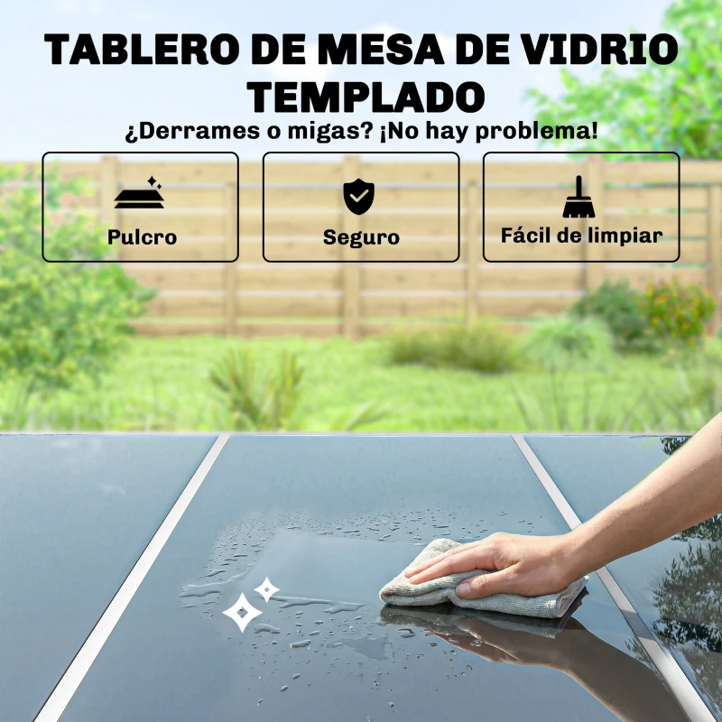 Outsunny Conjunto de Mesa y Sillas Jardín con Mesa de Vidrio Templado 6 Sillas Apilables Transpirables para Terraza Gris