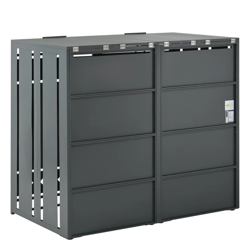 Mülltonnenbox mit hydraulischem Klappdeckel, abschließbaren Türen und zwei Fächern, 132x80x118,5 cm, Grau+Naturfarbe