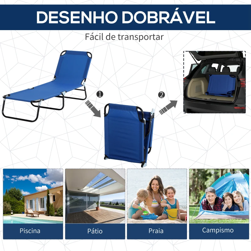 Outsunny Espreguiçadeira de Jardim Dobrável com Toldo e Encosto Reclinável para Jardim Terraço Campismo 187x58x36cm Azul