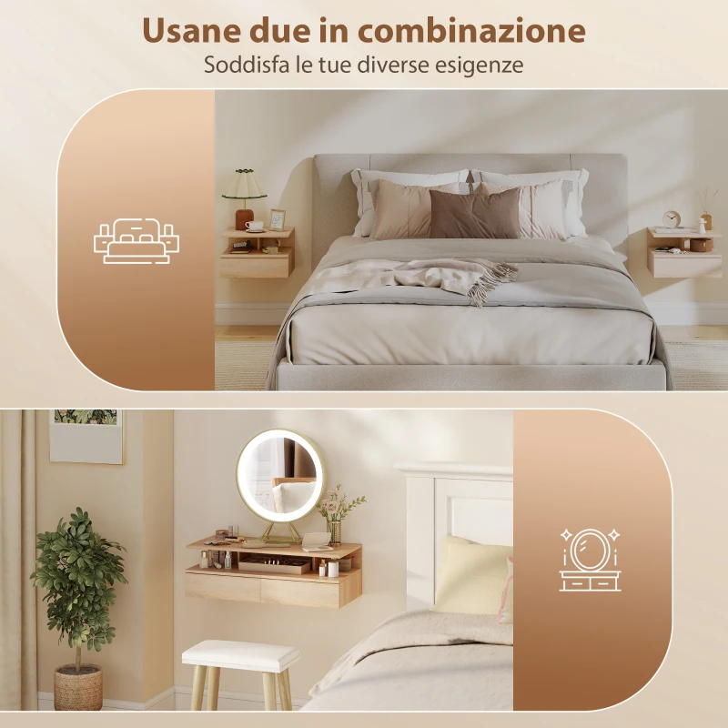 HOMCOM Set di 2 Comodini Sospesi con Cassetto e Mensola Aperta, 35x32x22.5 cm, Rovere