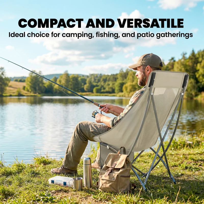 Outsunny Camping Chair for Adults Heavy Duty Folding Camp Chair with Side Pocket and Carry Bag Khaki
