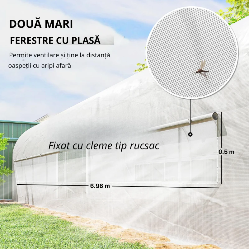 Outsunny Seră tunel de grădină 24 m², seră tunel cu cadru din oțel galvanizat, uși și 2 ferestre mari, alb