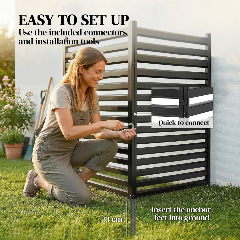 Outsunny Tuinomheining 2 Panelen 91 x 152 cm Metalen Zichtbeschermingshek met Palen & Beschermdoppen Roestvrij Zwart