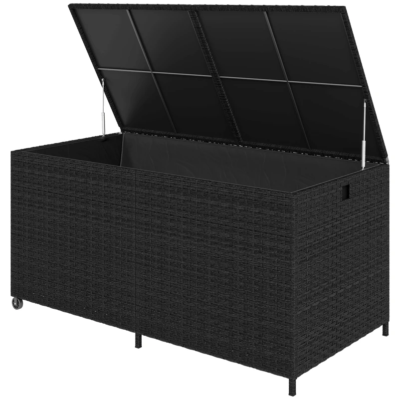 Outsunny 650L Garden Storage Box with 2 Wheels, Rattan Deck Box with Waterproof Zipped Liner, Safe Pneumatic Rods, Black
