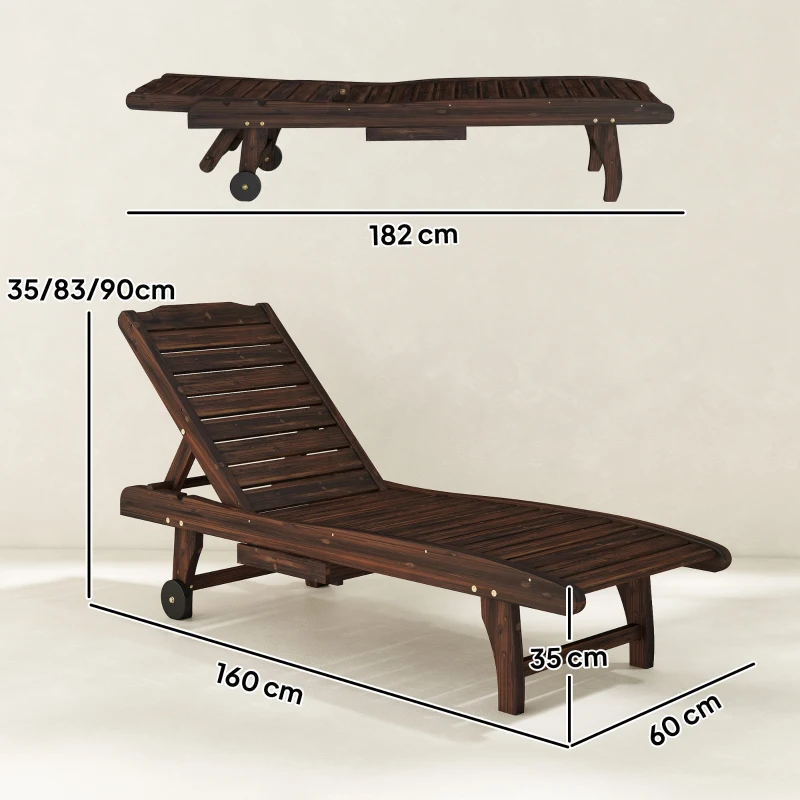 Outsunny Outdoor Wooden Sun Lounger with Built-In Table, Carbonised Finish