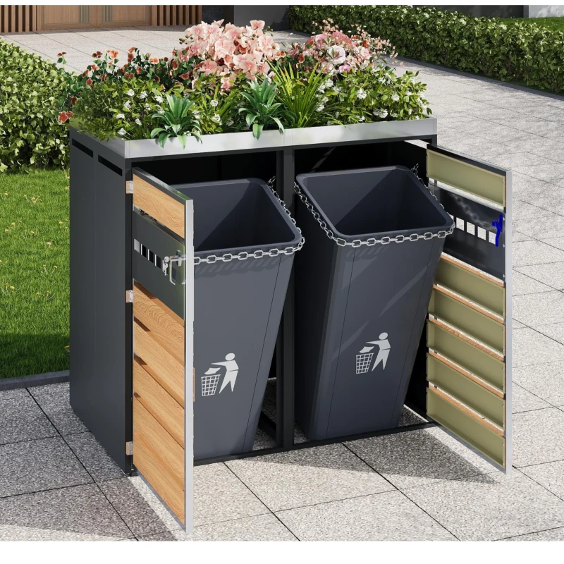 Mülltonnenbox mit integriertem Pflanztrog und Belüftung, abschließbarer zweiteiliger 2-türiger Schrank, 132x80x124,5 cm, Grau+Naturfarbe