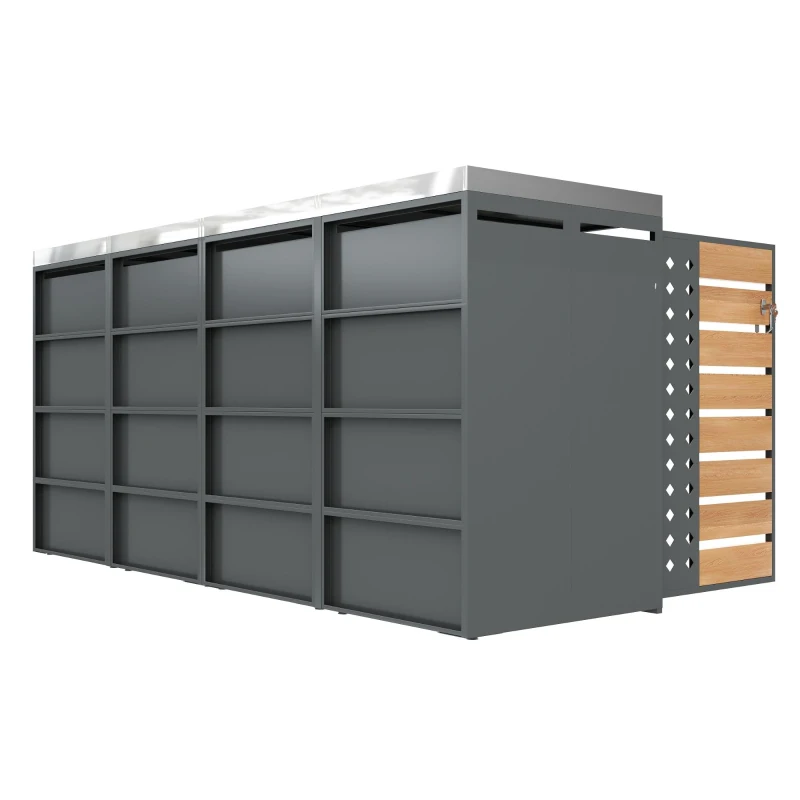 Mülltonnenbox 4‑fach, abschließbar mit integriertem Pflanzkasten, 264x80x124.5 cm, Grau+Naturfarbe