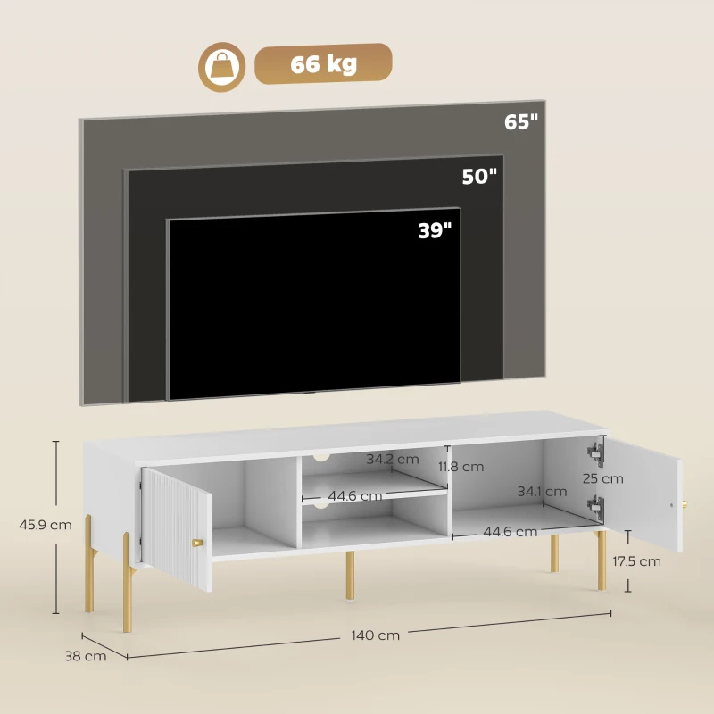 HOMCOM Comodă TV, mobilier TV pentru televizoare de până la 165,1 cm cu 2 uși, 2 compartimente deschise, picioare din oțel, 140x38x45,9cm, alb