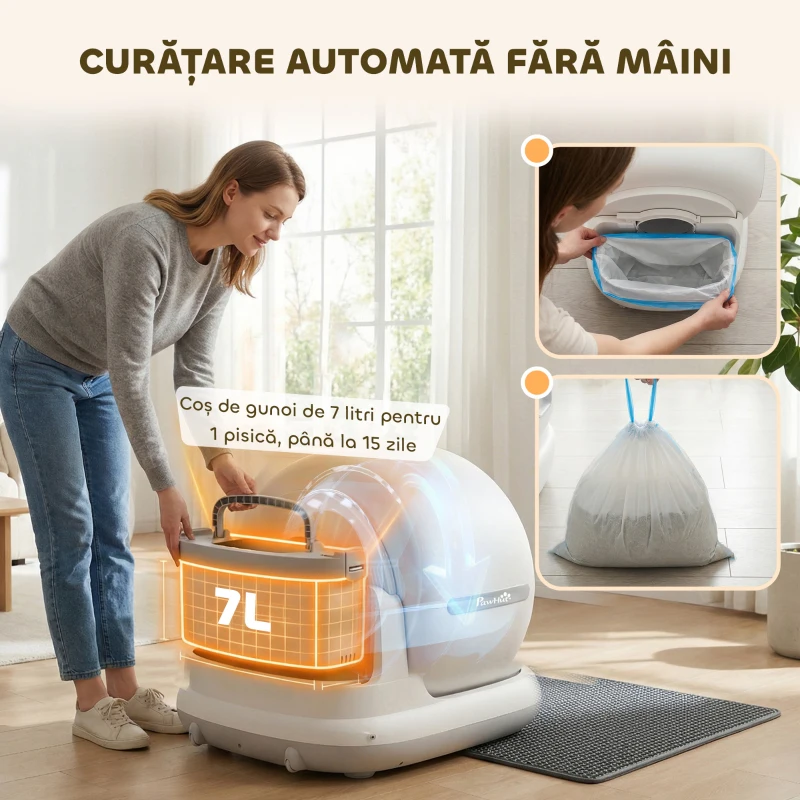 PawHut Litieră cu Auto-Curățare, Cameră HD, Recipient de 7L și Senzori, din PP și ABS, 58.1x47.5x53 cm, Alb și Gri