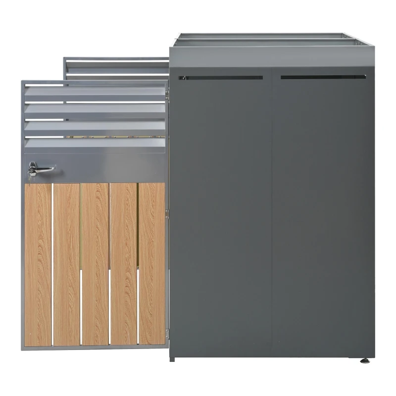 Abschließbare Mülltonnenbox mit integriertem Pflanzgefäß, Lamellenlüftung und zwei separaten Türen, 132x80x124,5 cm, Grau+Naturfarbe