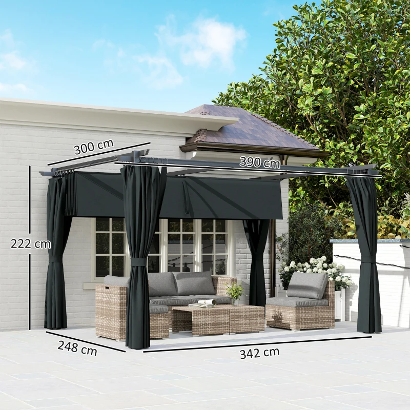 Outsunny Einziehbare Pergola 4x3m Pergola Aluminium Metall mit Vorhang und Schiebedach Polyester 180 g/m² dunkelgrau