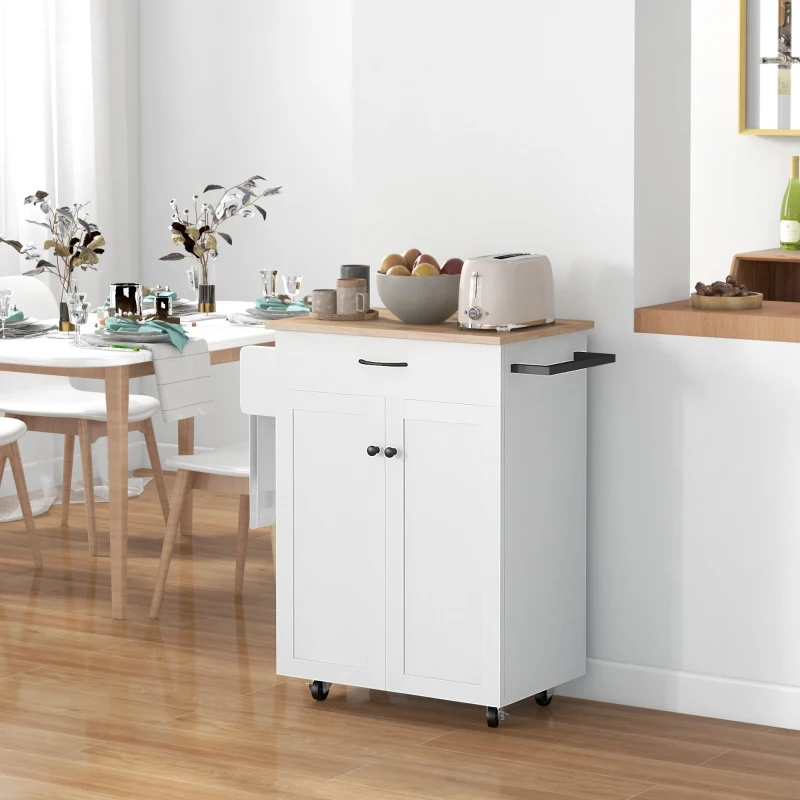 HOMCOM Desserte cuisine desserte à roulettes plateau en bois d'hévéa avec tiroir placard 2 portes 83 x 45 x 91,5 cm blanc
