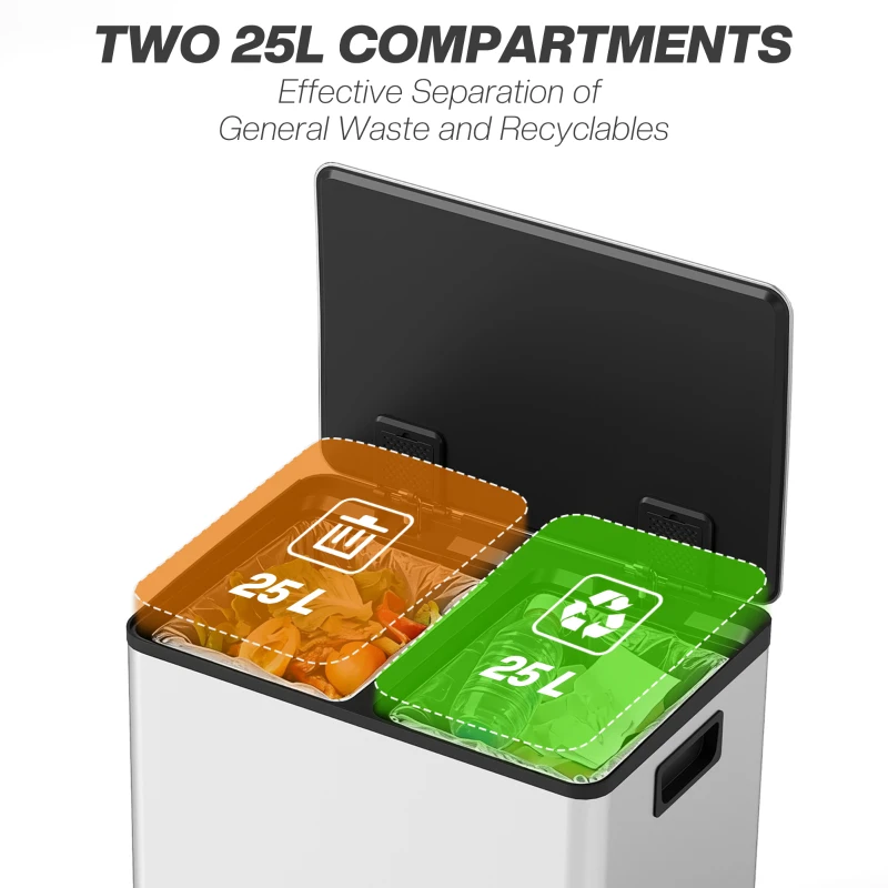 HOMCOM 50L Dual Compartment Stainless Steel Bin, with Deodoriser Holders - Silver