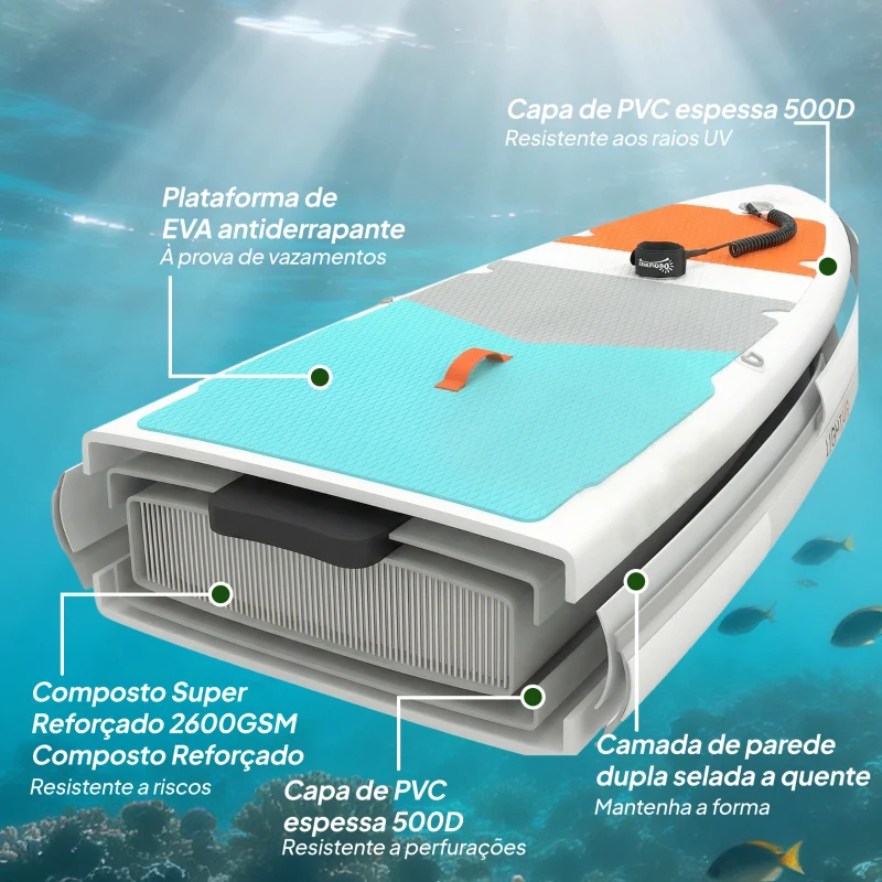 Outsunny Prancha Paddle Surf Insuflável SUP Extra Longa de 335 cm com Assento Remo Conversível Quilhas Bomba e Mochila Carga 180 kg