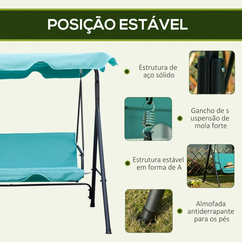 Outsunny Baloiço de Jardim de 3 Lugares com Teto Ajustável e Estrutura de Aço Suporta até 240 kg 172x110x153 cm Verde Azulado