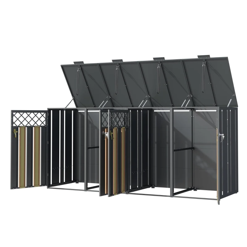 Mülltonnenbox mit hydraulisch gestütztem Klappdeckel, 4 separate Fächer, für Außenbereich, 264x80x118.5 cm, Grau+Naturfarbe