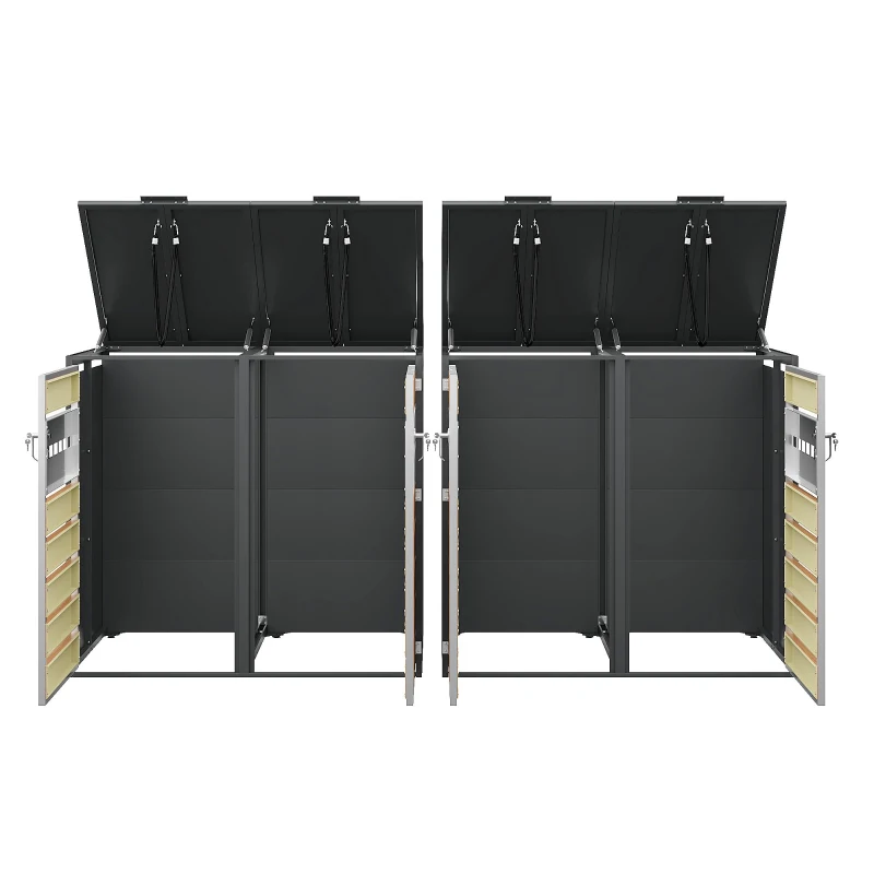 Mülltonnenbox mit hydraulischem Klappdeckel, 4 Fächern und separaten abschließbaren Türen, 264x80x118,5 cm, Grau+Naturfarbe