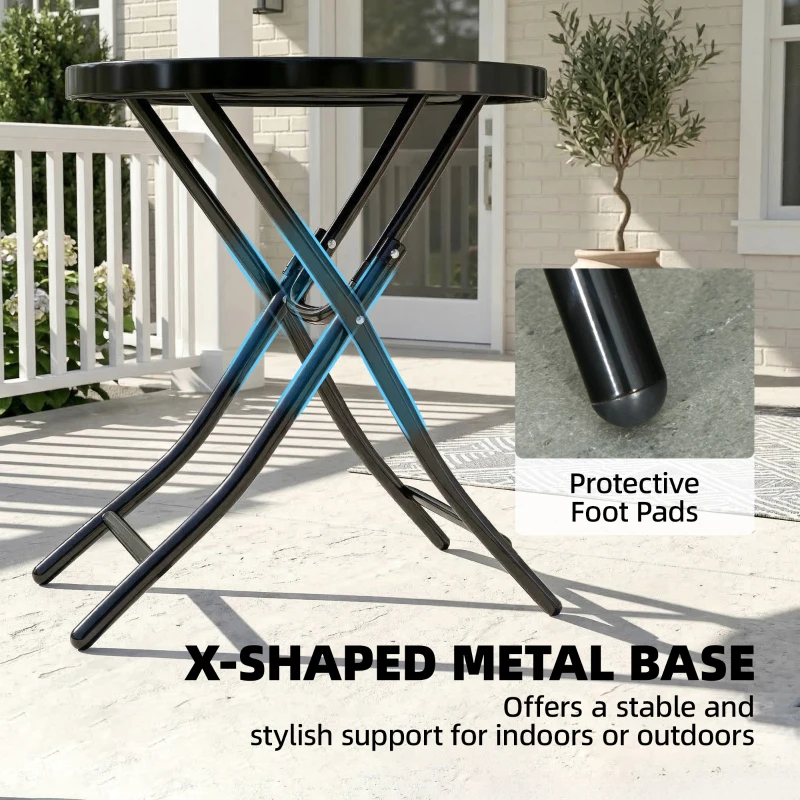 Outsunny Foldable Garden Table, Round Folding Table with Glass Tabletop and Safety Buckle for Patio, Garden, Outdoor, Indoor, Black