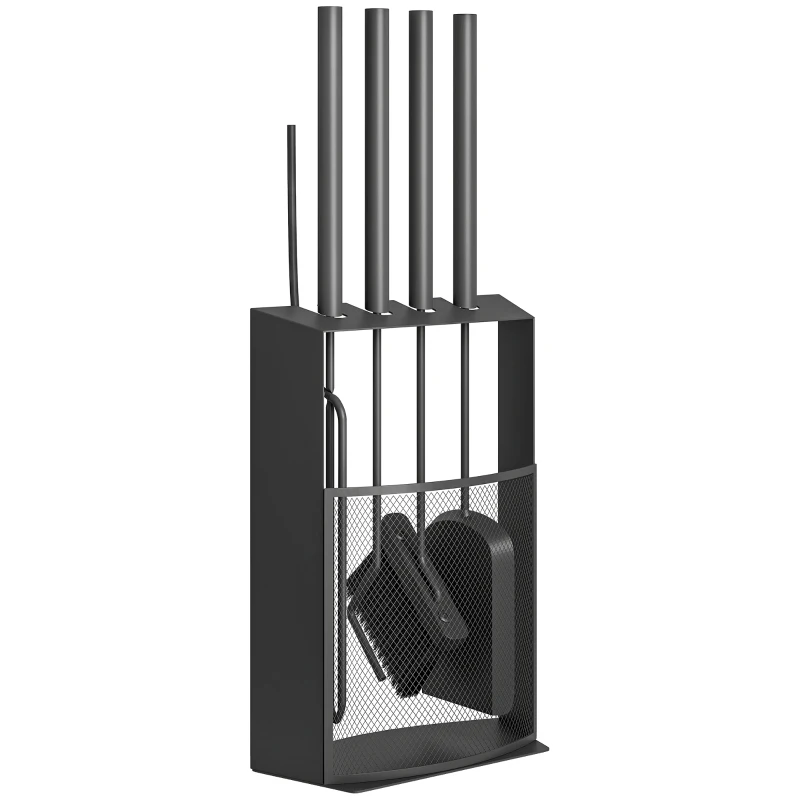Outsunny Set servitor pentru șemineu 5 piese metal cu perie, lopată, tisonier, pereche de clești și suport 28x13x59,5cm negru