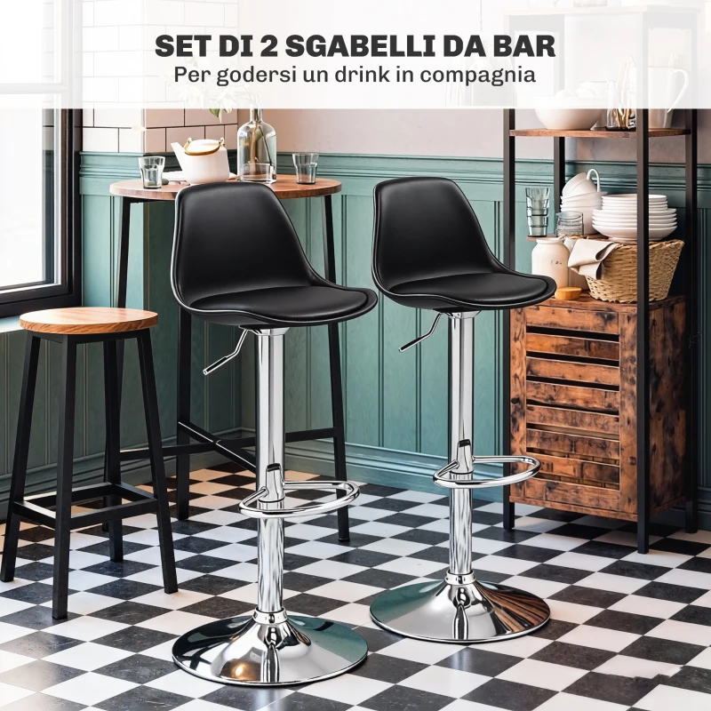 HOMCOM Set 2 Sgabelli da Bar con Schienale e Poggiapiedi, in PP, Pelle PU e Acciaio, 41x42x82-104 cm, Nero
