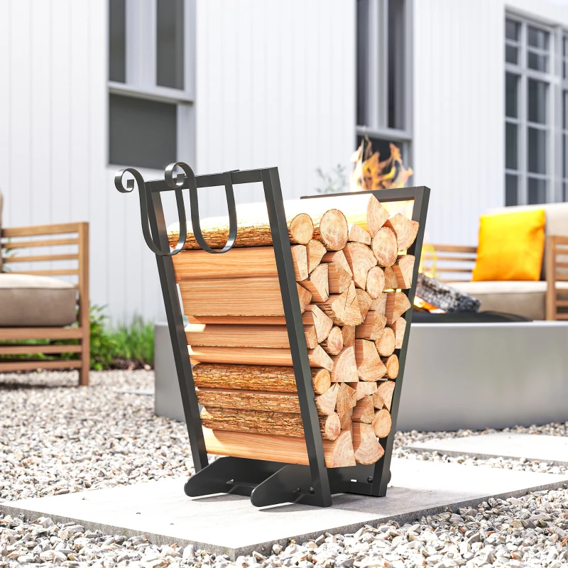 Outsunny Range-bûches porte bûche en acier avec 2 crochets et étagère inférieure pour intérieur et extérieur 45 x 32 x 58 cm noir