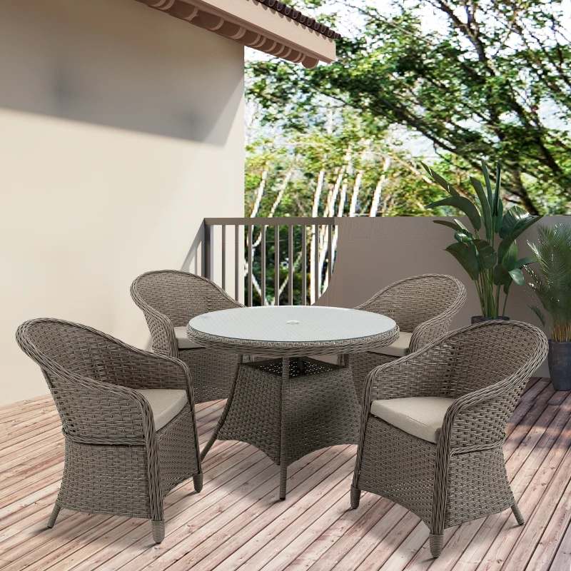 Outsunny 4 Seater Rattan Garden Furniture Set with Cushions, Round PE Rattan Dining Set with Glass-Top Table, Umbrella Hole, Outdoor Garden Table and Chairs, Mixed Grey