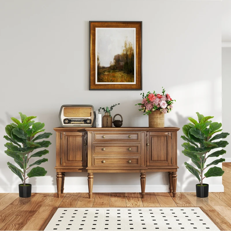 HOMCOM Set de 2 plante artificiale de interior 80 cm ficus lyrata arbore artificial cu ghiveci din plastic și sol flocat verde
