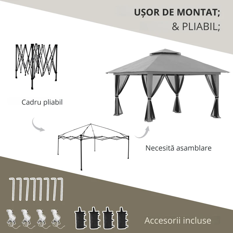 Outsunny Cort foisor pliabil cu inaltime ajustabila, 4 Saci de greutati pentru Petreceri in aer liber pe terasa si in gradina