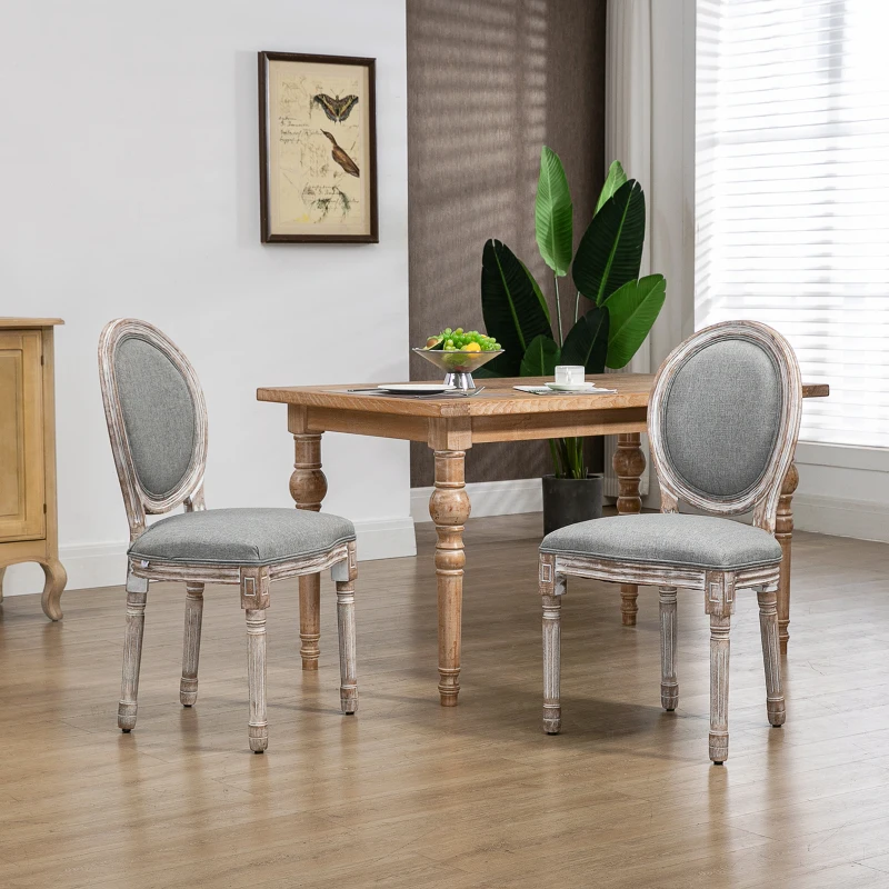 HOMCOM Lot de 2 chaises de Salle à Manger médaillon Style Louis XVI - Bois Massif sculpté, patiné - Aspect Lin gris