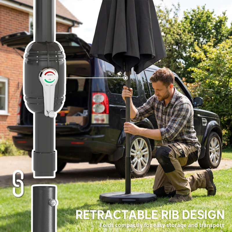 Outsunny 2.7 m Garden Parasol Umbrella with Cross Base and Sandbag, Retractable Ribs, Outdoor Table Market Umbrella, Black