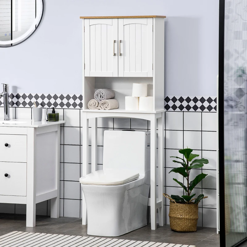 Kleankin Armário sobre Sanita Armário Alto para Lavanderia com Armário e Prateleira de Armazenamento 64x22x165 cm Branco