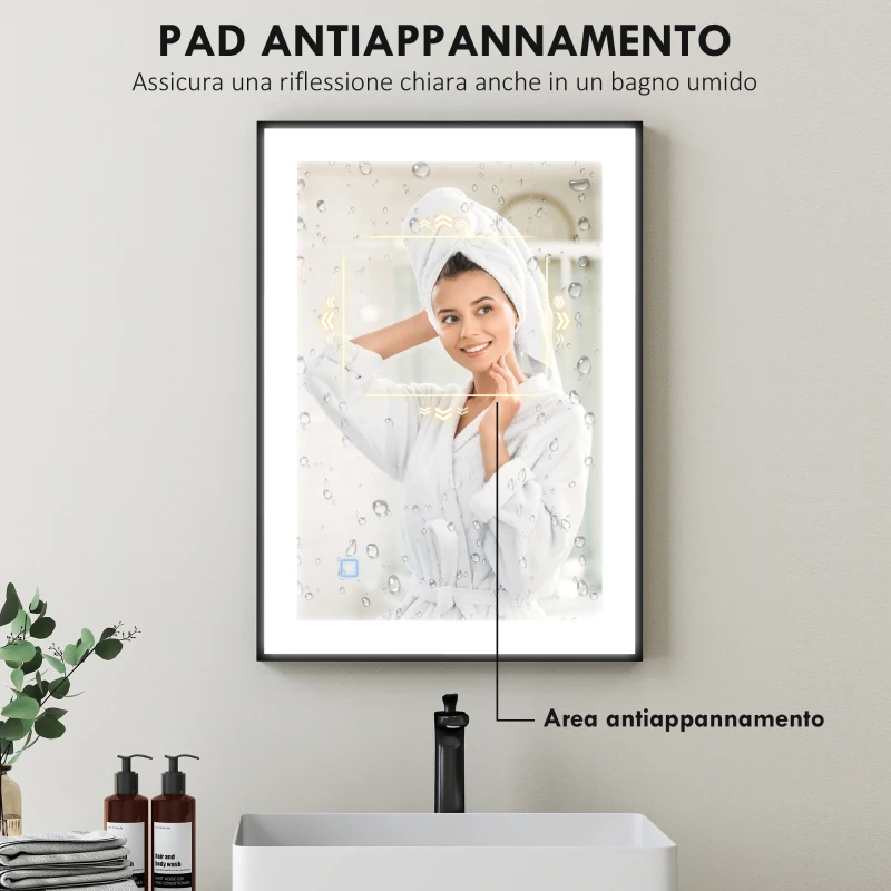 HOMCOM Oglindă de Baie Iluminată LED cu Culoare și Temperatură Reglabilă și Cadru din Aluminiu, 70x3x50 cm, Negru