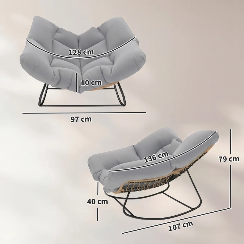 Outsunny Indoor Outdoor Rocking Chair, Oversized Rocking Egg Chair with Cushion for Living Room, Garden, Patio, Light Grey