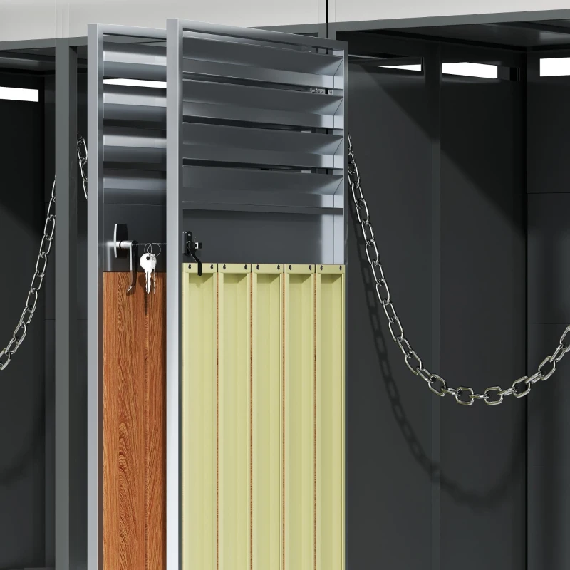 Mülltonnenbox mit integrierter Pflanzfläche, abschließbarer 4‑Fach‑Mülltonnenschrank, 264x80x124,5 cm, Grau+Naturfarbe