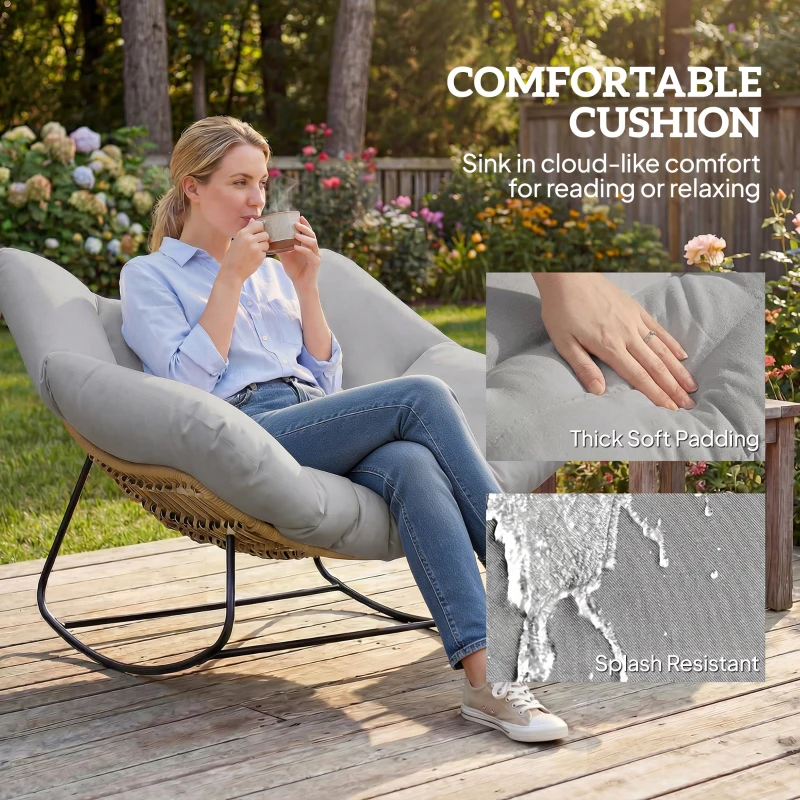 Outsunny Indoor Outdoor Rocking Chair, Oversized Rocking Egg Chair with Cushion for Living Room, Garden, Patio, Light Grey