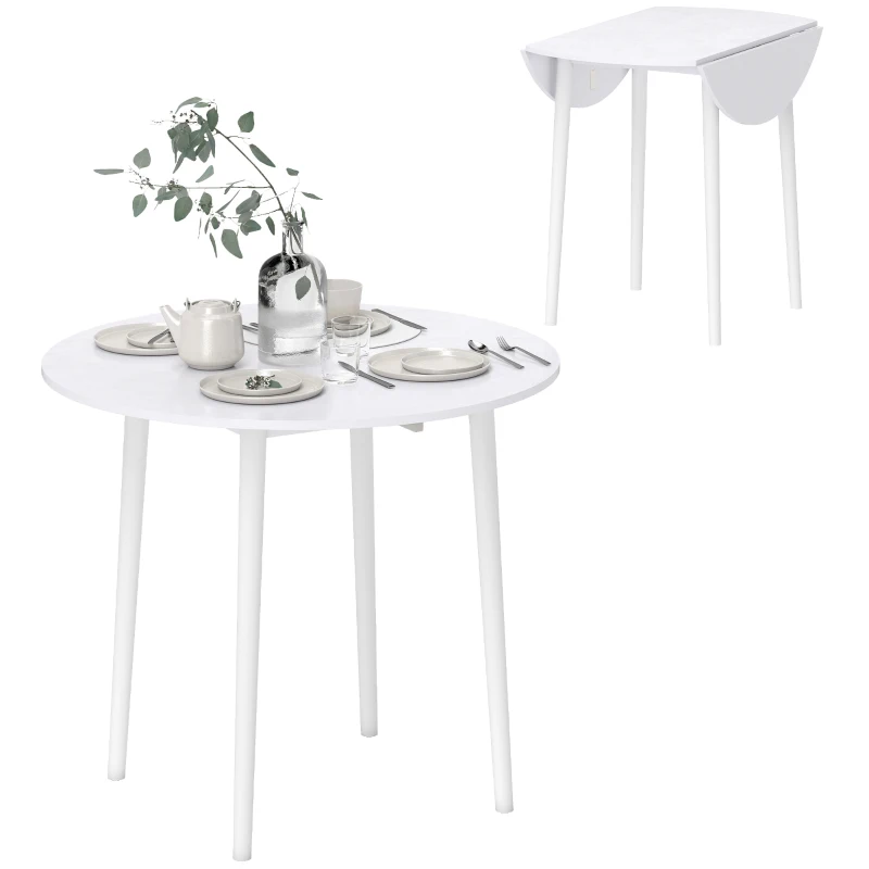 HOMCOM Folding Dining Table for 4, Round Drop Leaf Table, Modern Space Saving Small Kitchen Table with Wood Legs for Dining Room, White