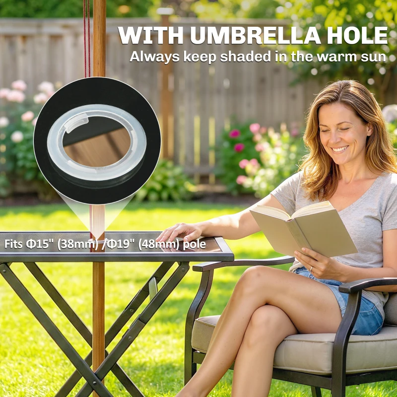 Outsunny Folding Outdoor Dining Table, Square Garden Table Tempered Glass Top with Parasol Hole Garden Patio, 70 x 70 x 70 cm