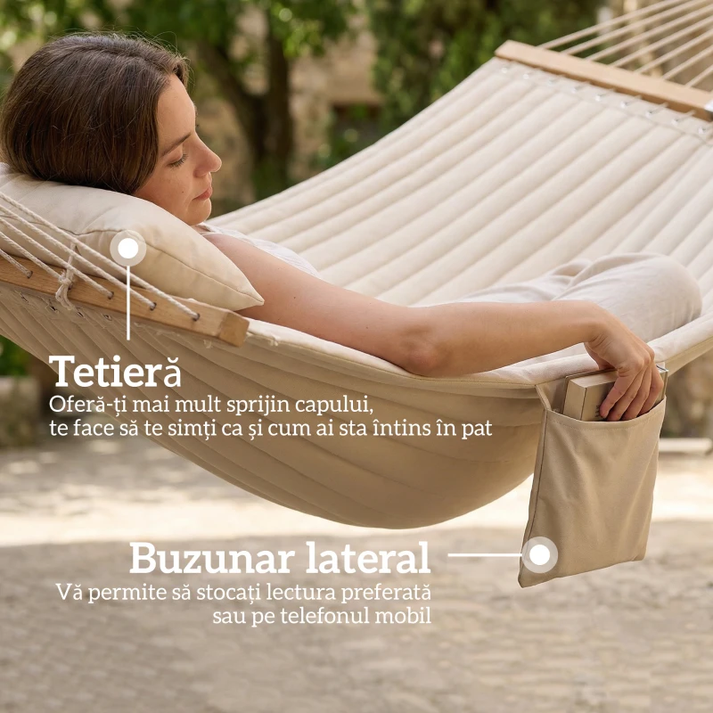Outsunny Hamac Exterior pentru 2 Persoane, Pernă Căptușită, Capacitate 200 kg, Crem