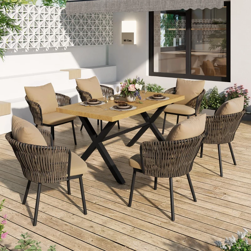 Modernes 6‑teiliges Garten-Essgruppen-Set, für 6 Personen, Khaki+Naturfarbe