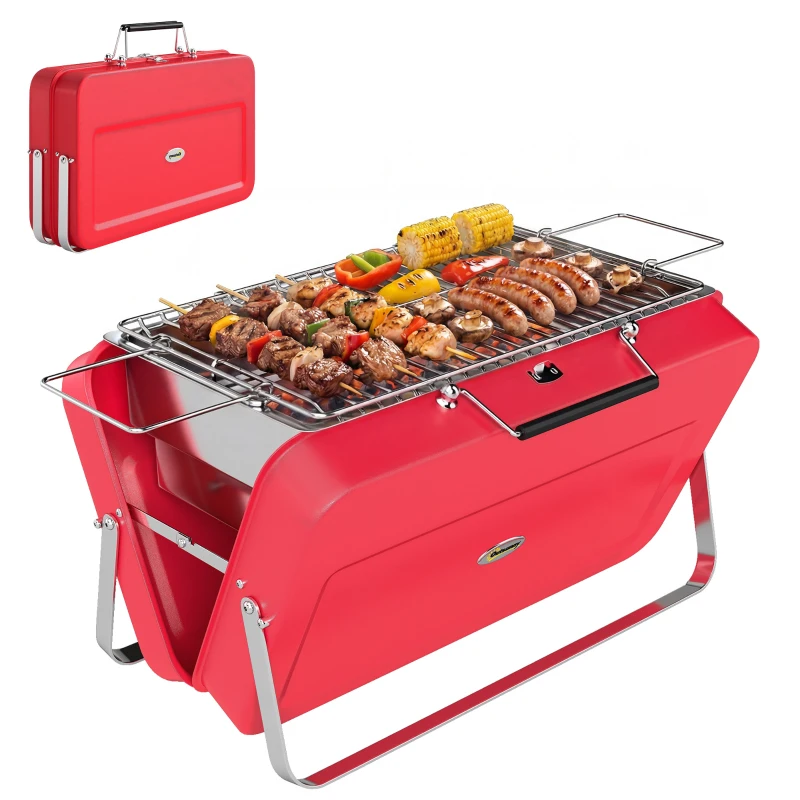 Outsunny Portable Mini Charcoal Barbecue Grill with Suitcase Shell, Outdoor Folding Tabletop BBQ Grill, Red