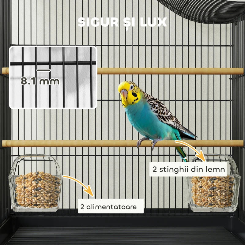 PawHut Cușcă pentru Păsări cu 4 Accesuri, 2 Boluri, 2 Stinghii și Tavă Detașabilă, Volieră din Metal și Plastic, 47,5x36x54,5 cm, Negru