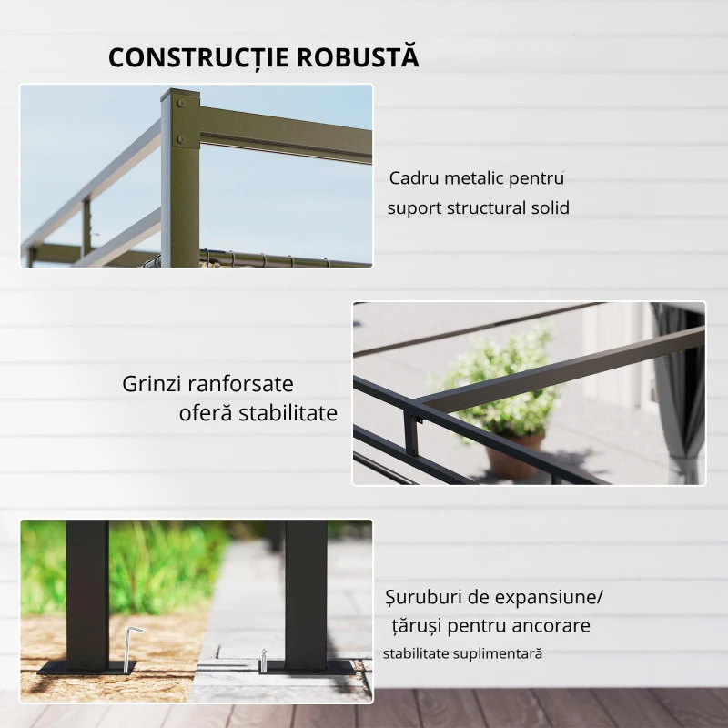 Outsunny Pergolă Gazebo 3x3 m cu Acoperiș Retractabil, 4 Pereți Laterali, Orificii de Drenare, Pergolă din Poliester și Oțel pentru Grădină, Terasă, Exterior, UV30+, Gri Închis