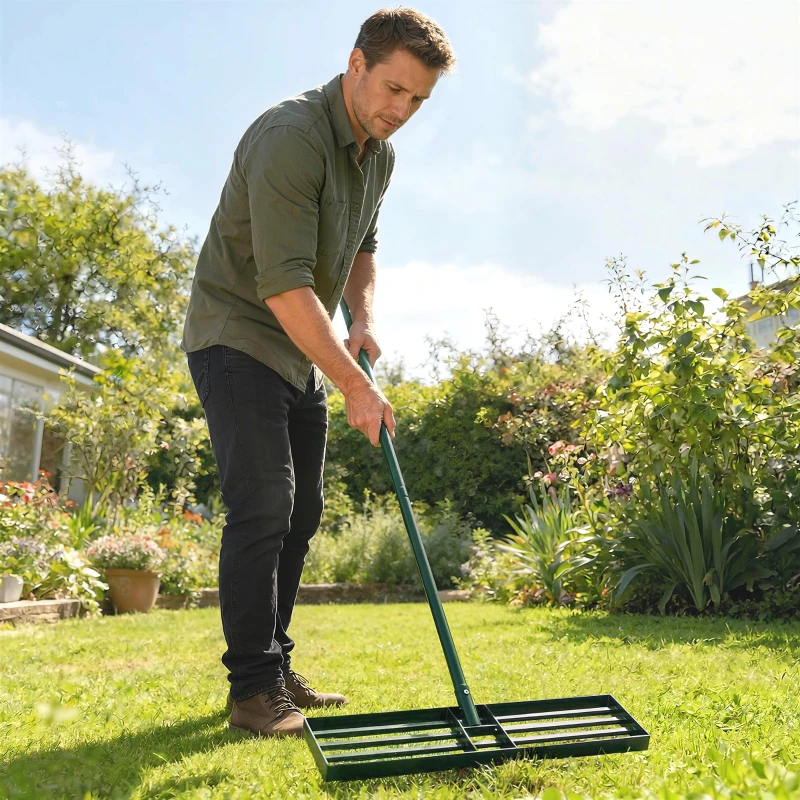 Outsunny Lawn Levelling Rake, 76 x 26 cm Lawn Leveller Lute with 169 cm Handle for Grass Soil Sand Yard Golf Course